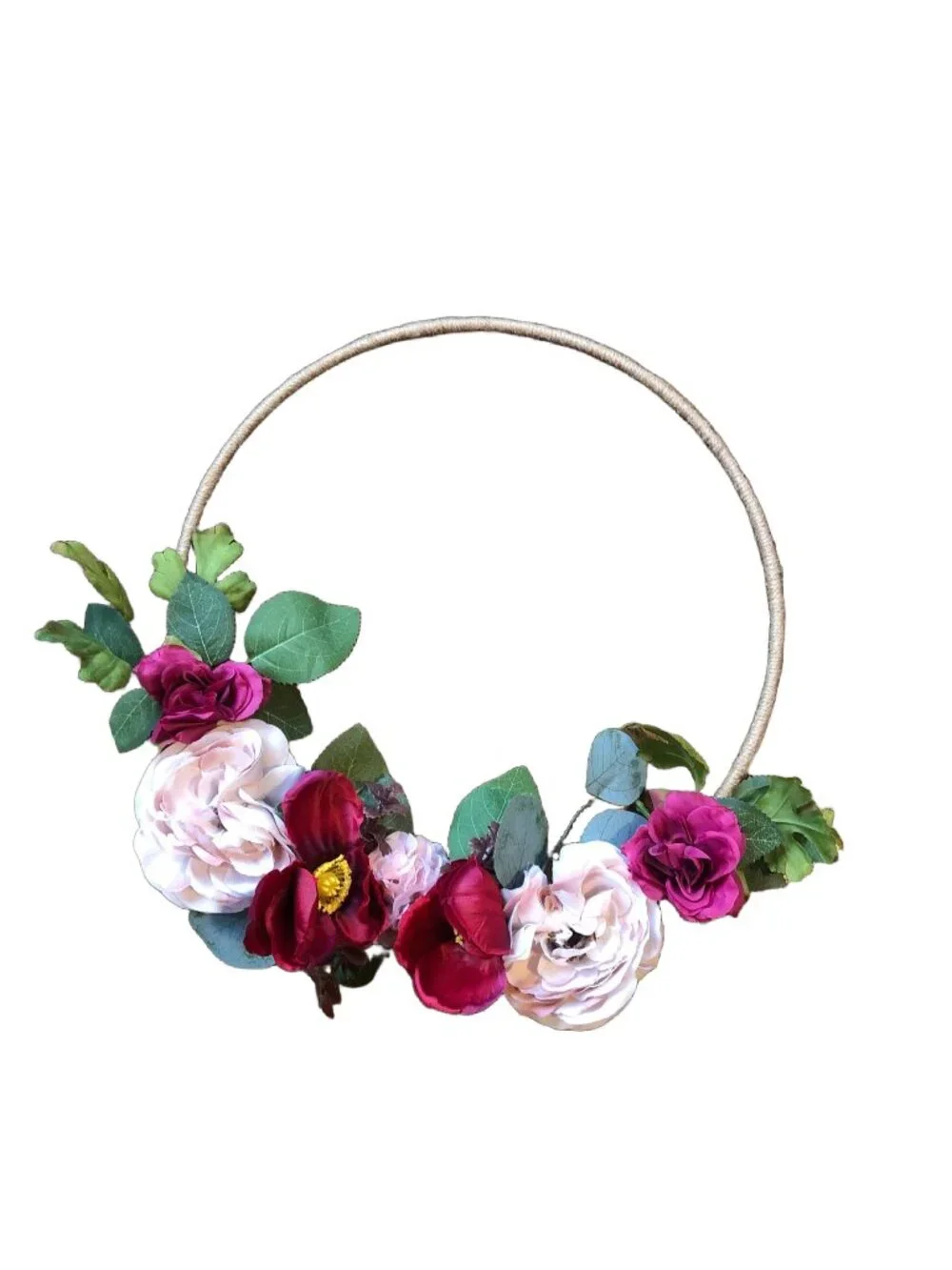 Burgundy Blush Abstract Floral Flower Bouquet Twine Tweed Hoop Wreath
