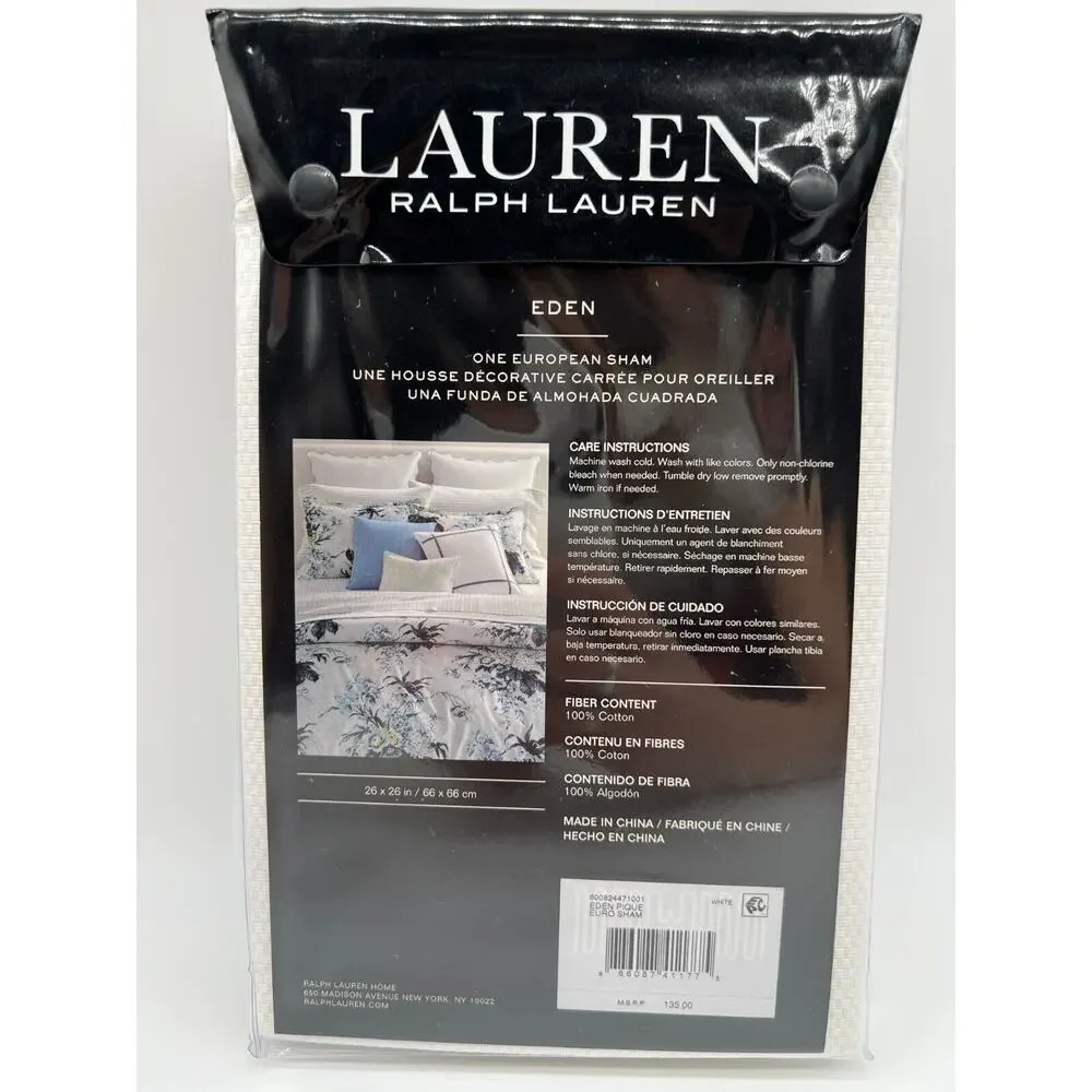 Ralph Lauren EDEN White/Blue Trim Pique EURO Sham 26x26 $135 NWT.,
