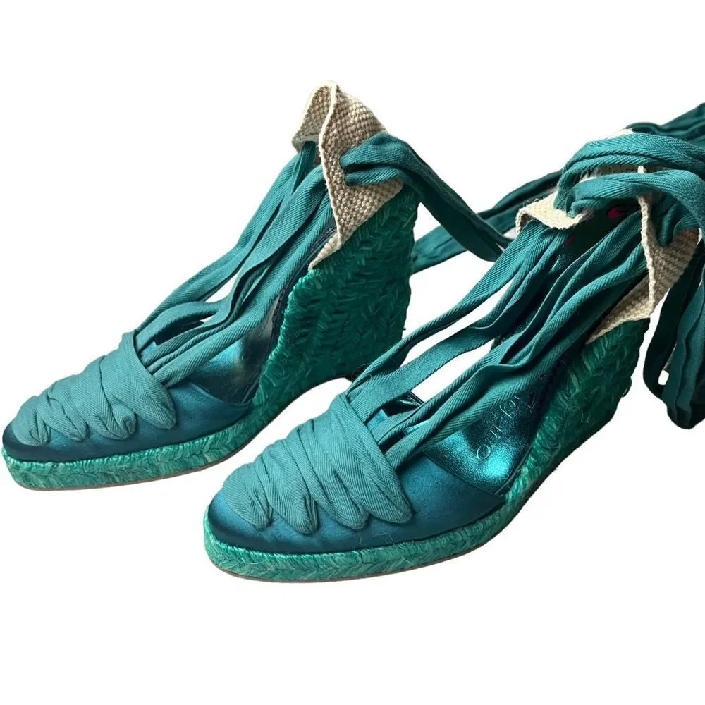 NWOT Emanuel Ungaro FAB Wedge Espadrilles in Teal Silk w/Sexy Lace-Up Design 8