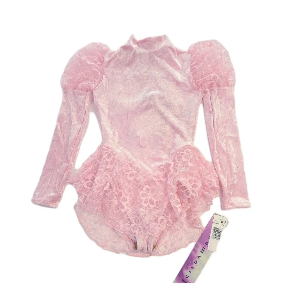 Gikda Marx VTG Kids High Neck Velvet Lace Skirted Princess Pink Leotard Sz 6X/7
