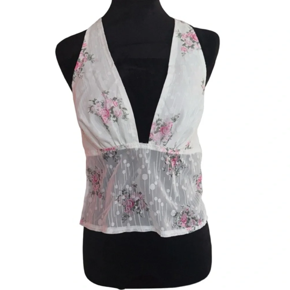 halter‎ top in white with pink floral print size medium