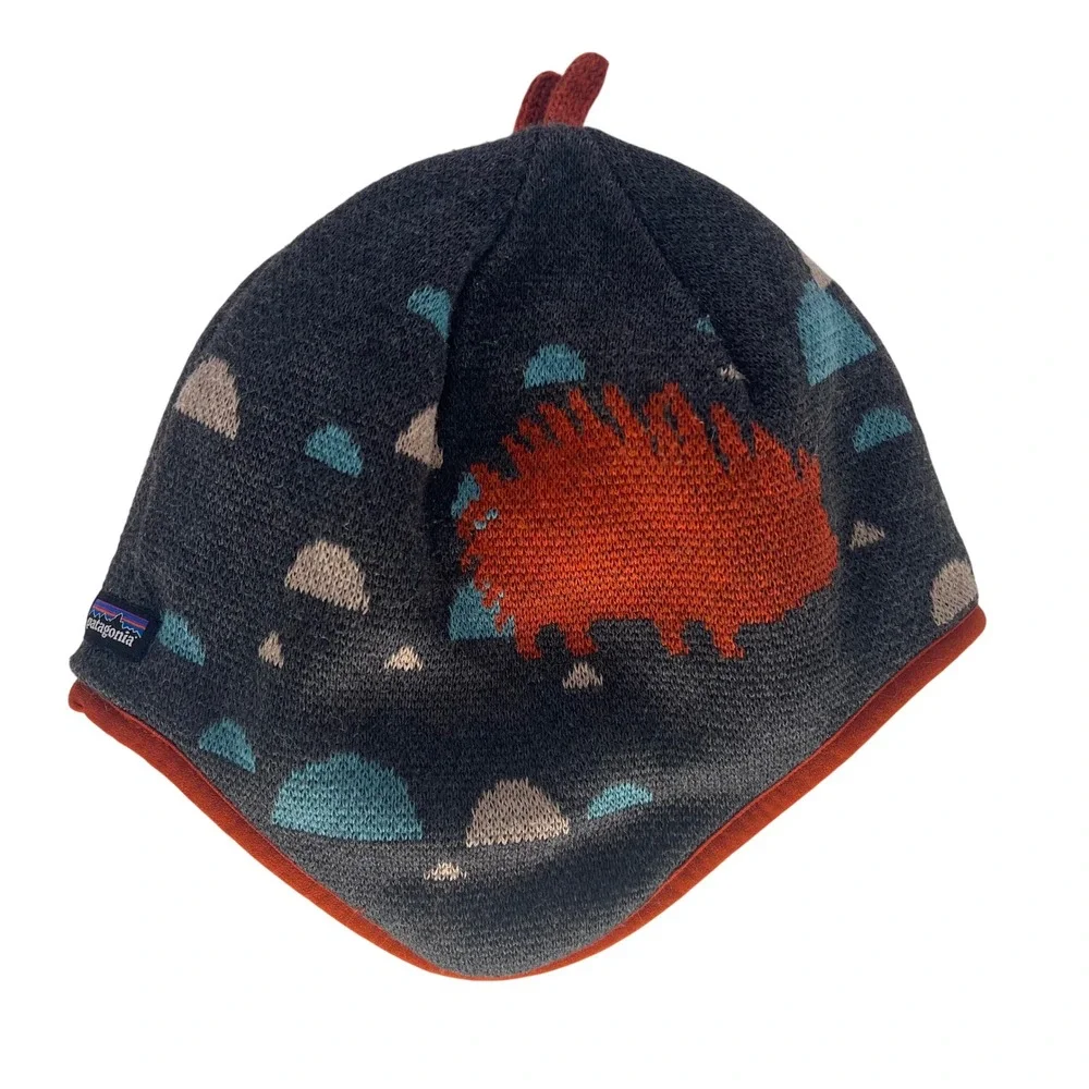 Patagonia Kids Fleece Lined Reversible Hat Hedgehog‎ Cloud Pattern Orange Trim