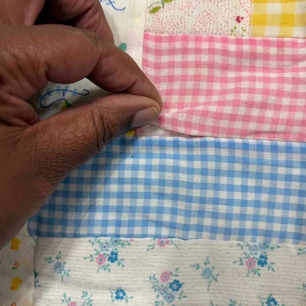 Vintage Handmade Baby Quilt Pastel Gingham Bunny Log Cabin Eyelet Trim 44x45