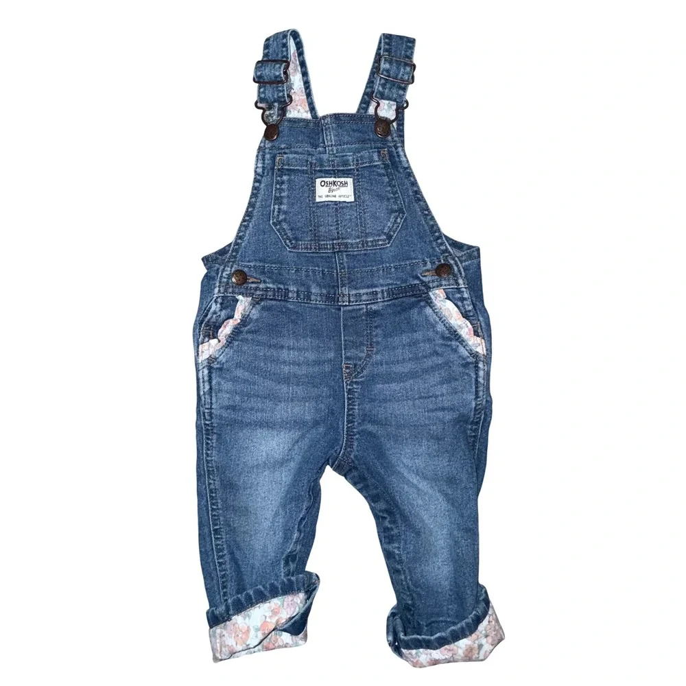 OshKosh B'gosh Girls Denim Bib Overalls Floral Trim Medium Wash 12M Adjustable