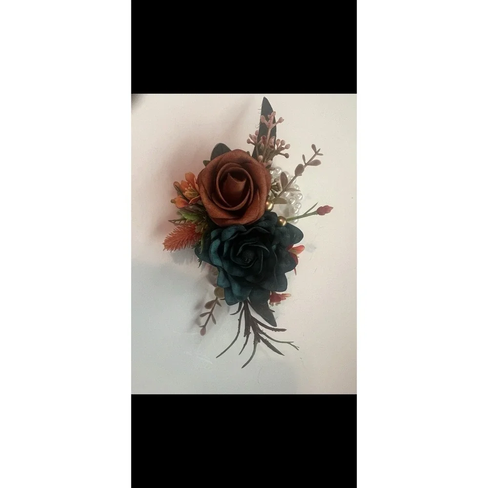 Teal Rust Orange Floral Wrist Corsage Wedding Formal