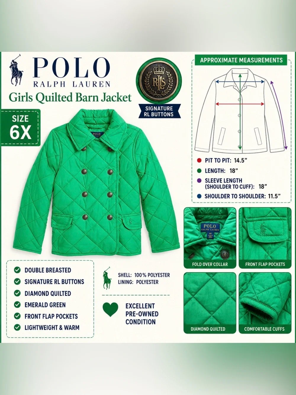 POLO RALPH LAUREN GIRLS QUILTED BARN JACKET – SIZE 6X