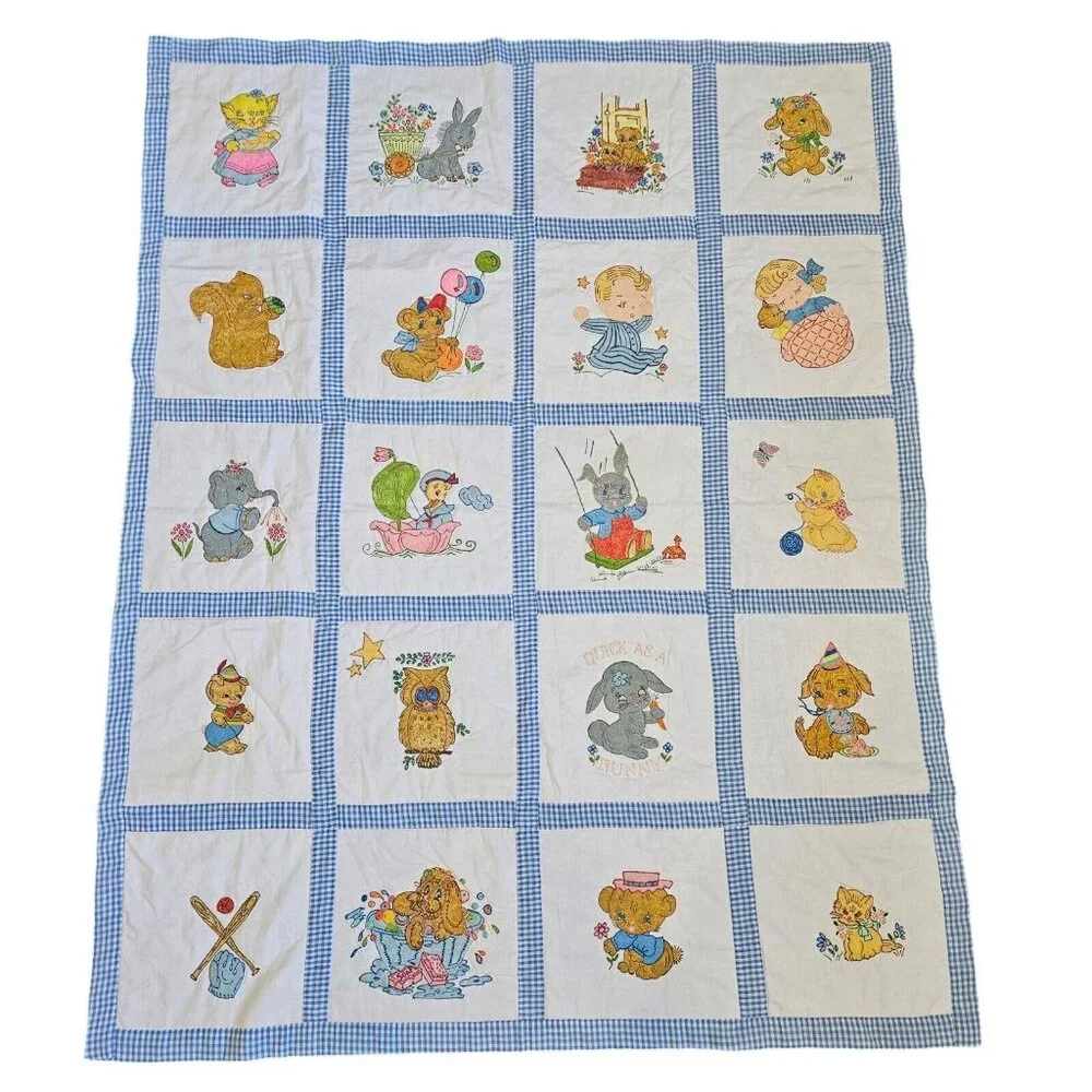 Vintage 70s Baby Quilt Kitschy Handpainted Animals Patchwork Blue 41 X 51‎ Blue