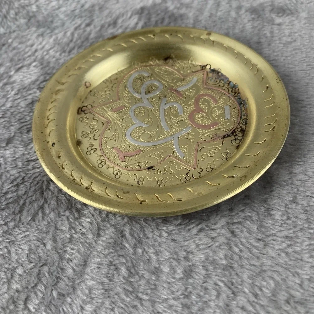 Vintage Engraved Inlaid Small Plate Tray Decorative Copper Brass Silver Patina