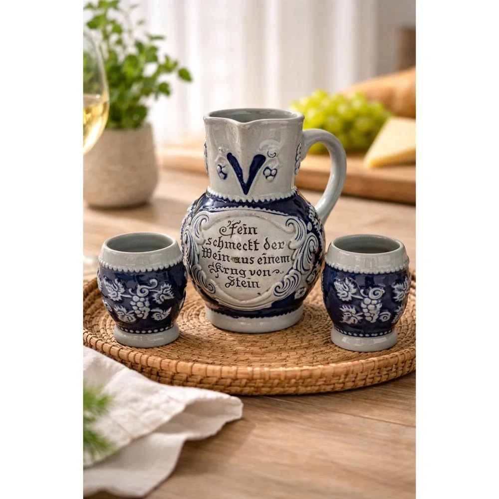 German Wine Set Cobalt Blue Salt Glazed Stoneware 5
