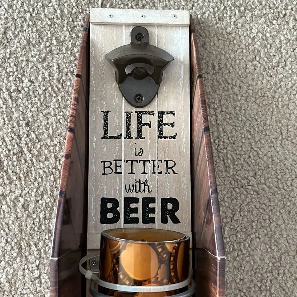 Wall Mounted Beer Cap Collector with Upside Down Glass Bottle and Cap Opener