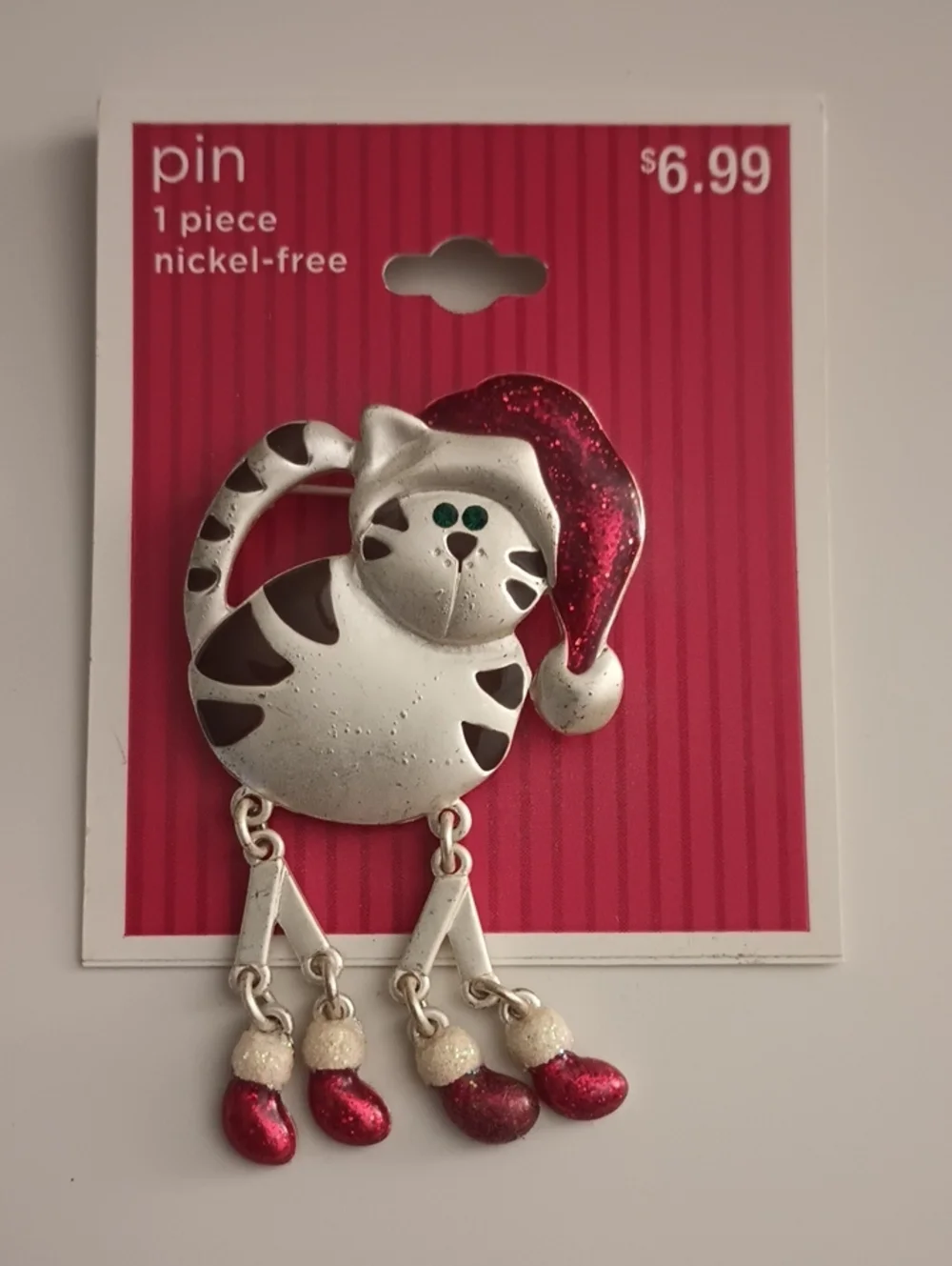 Festive Red and Silver Cat Holiday Pin