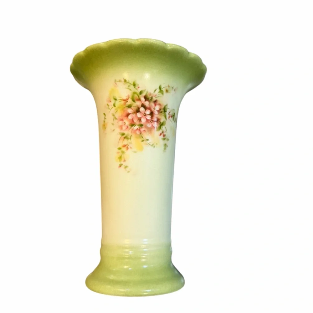 Burton & Burton Hand-Painted Floral‎ Vase Green Satin Finish 6” Scalloped Rim