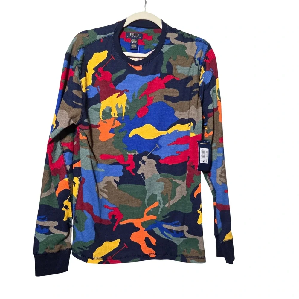 Polo Ralph Lauren Mens Multi Color Camo Big Pony Thermal Shirt Navy Blue M NEW