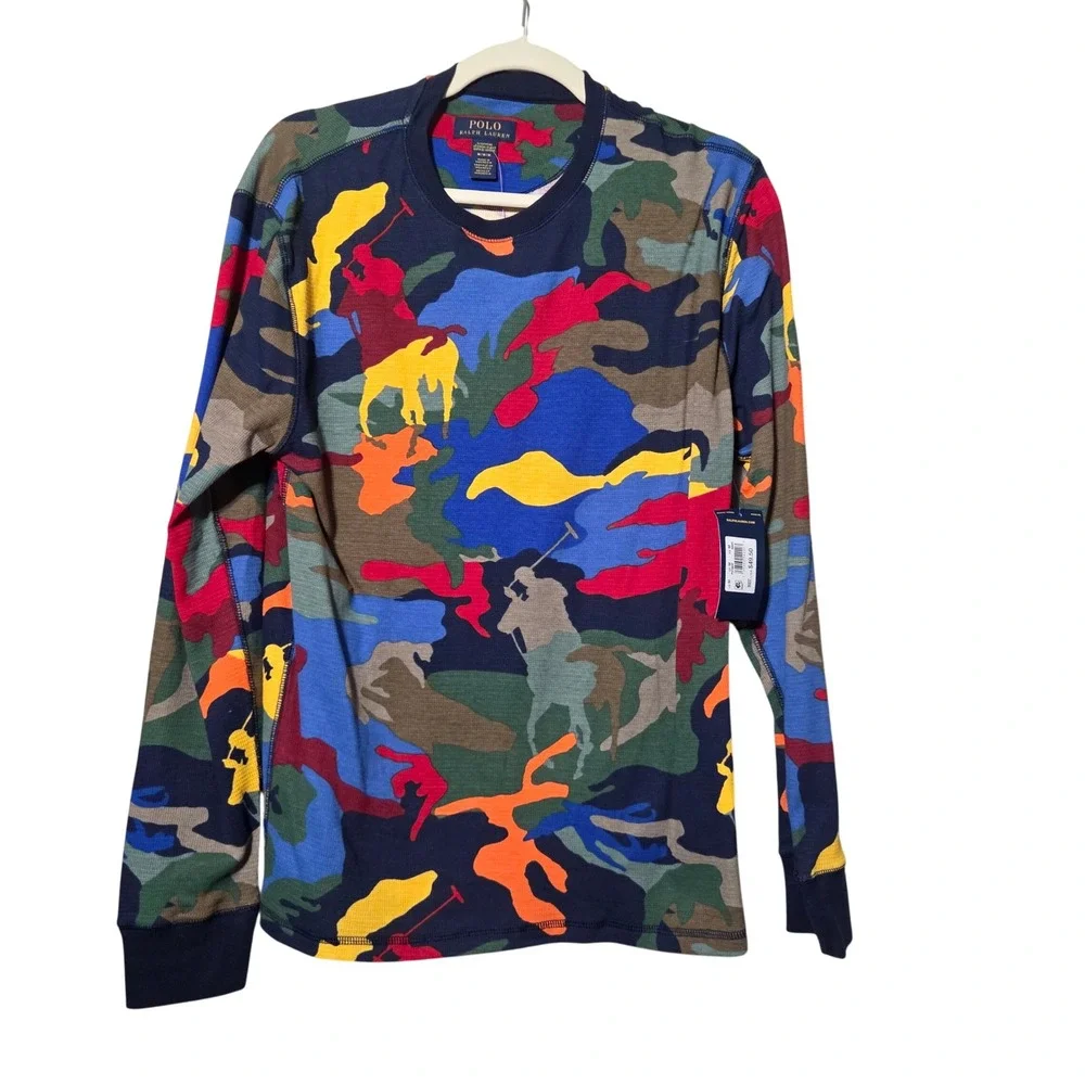 Polo Ralph Lauren Mens Multi Color Camo Big Pony Thermal Shirt Navy Blue M NEW