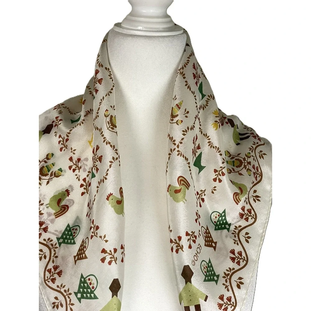 Echo Folk Art Rooster Basket Floral Silk Scarf Cottagecore Prairie 21