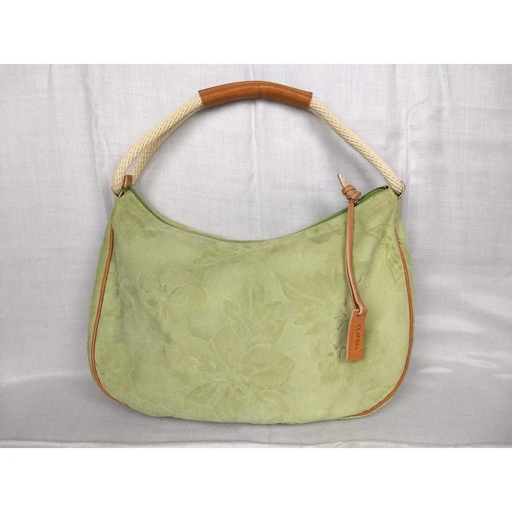 Claudia Firenze Italian Suede Leather Hobo Bag Pale Green Tan Trim Floral Zipper