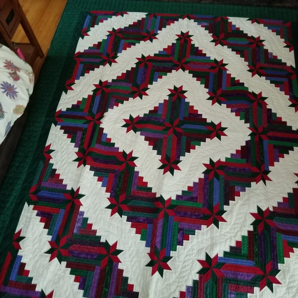 Homemade hand quilted Log Cabin Star Quilt King cal. King  Patchwork Bedspread