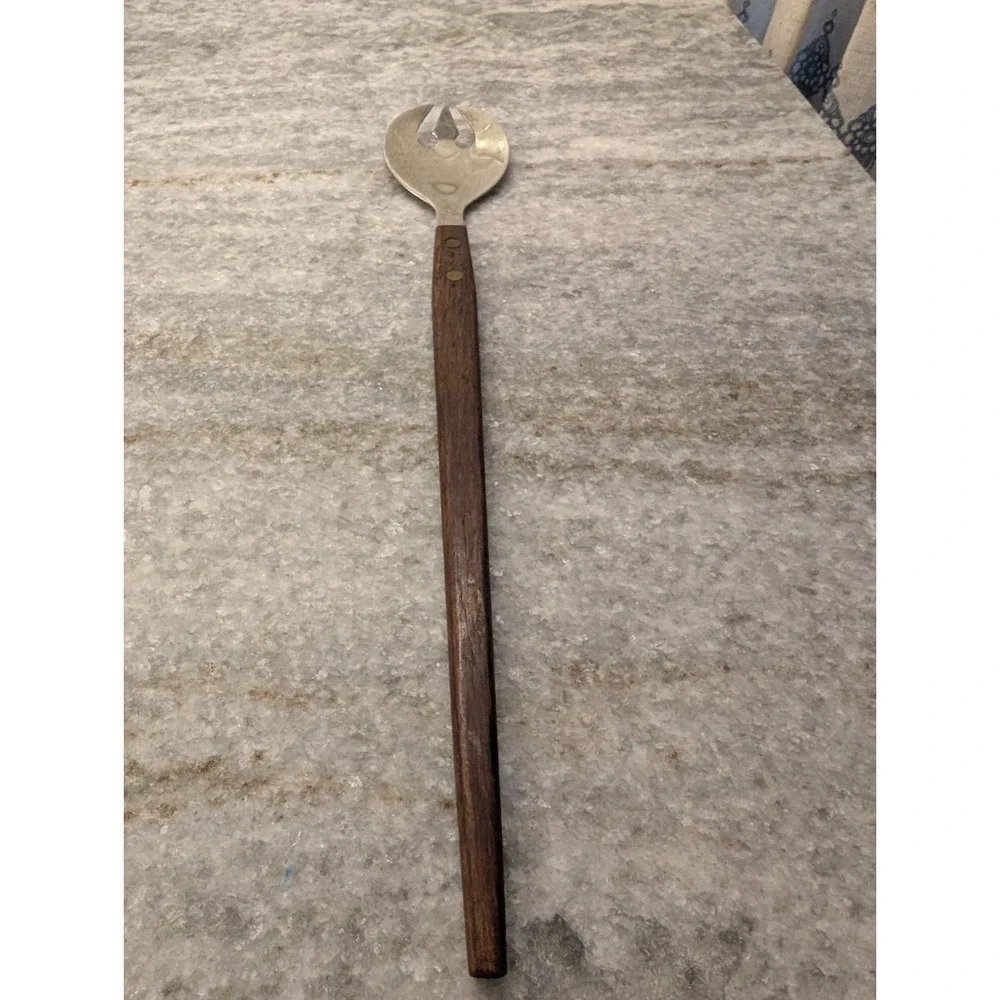 1 x Vintage MCM Teak SALAD SERVING Wood Handle Fork Japan Stainless Steel