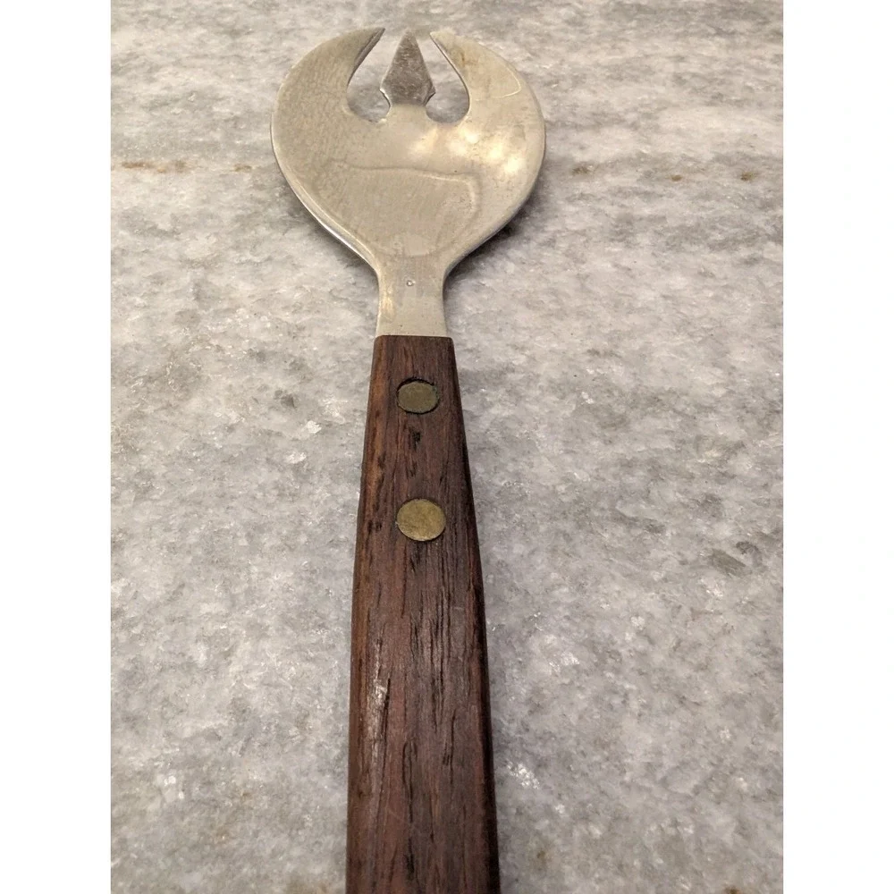 1 x Vintage MCM Teak SALAD SERVING Wood Handle Fork Japan Stainless Steel
