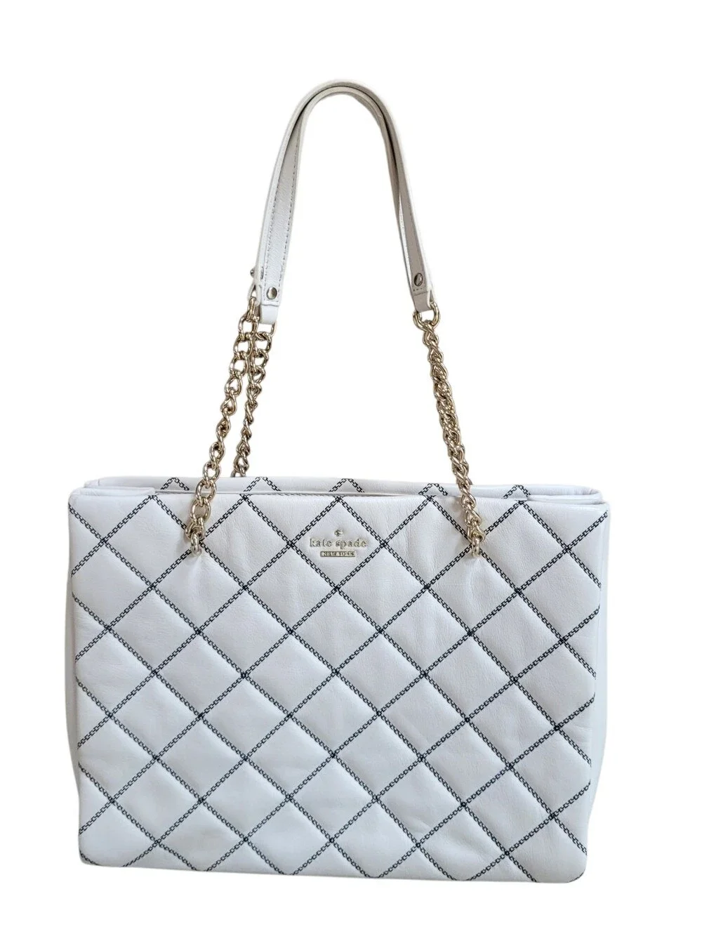 EUC kate spade White Quilted Tote with Black Stitching and Gold Chain Handles