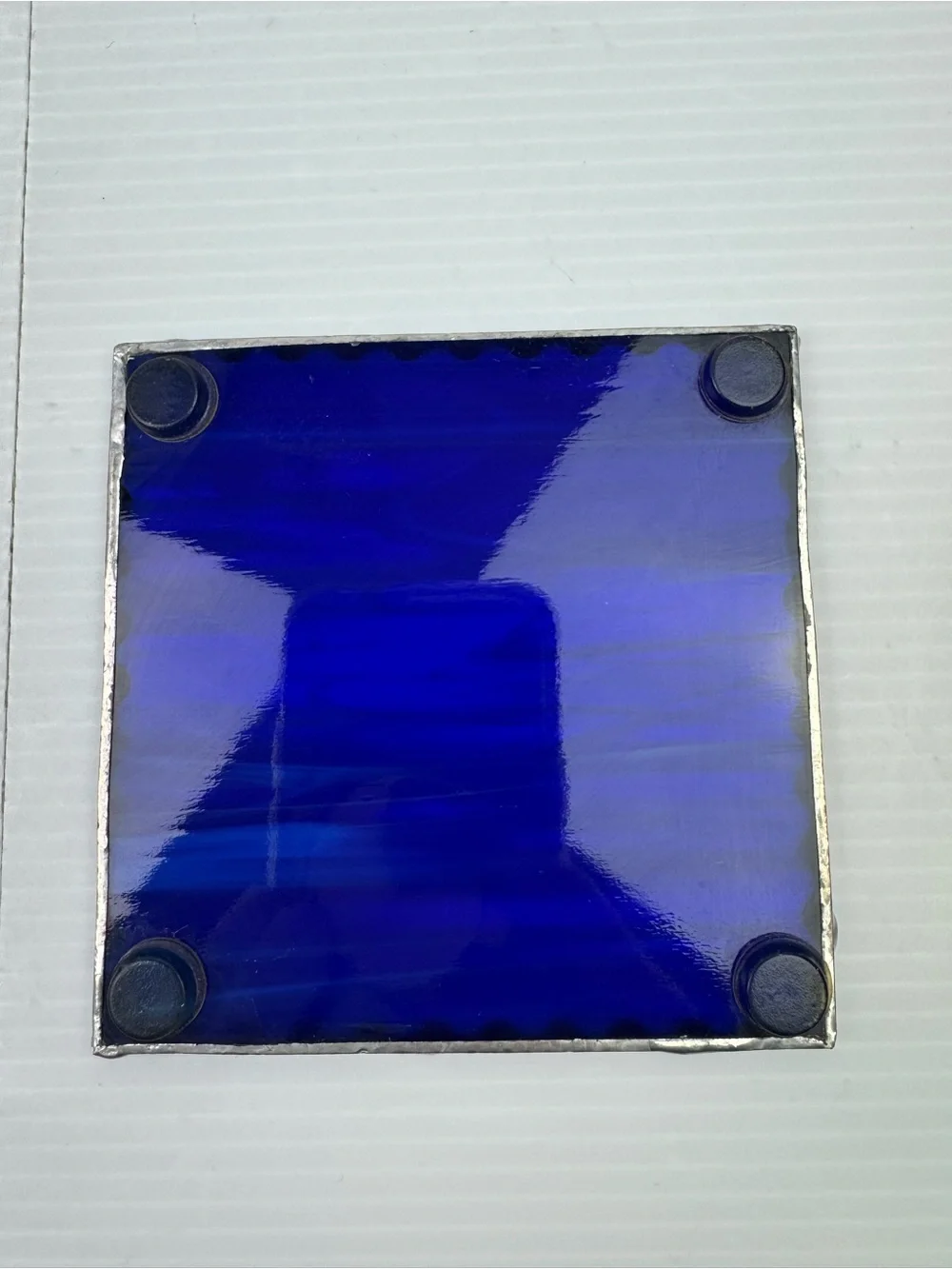 VTG Lot Of 4 Stained Glass Blue Marble Looking Coasters Metallic Boarder 4”Decor