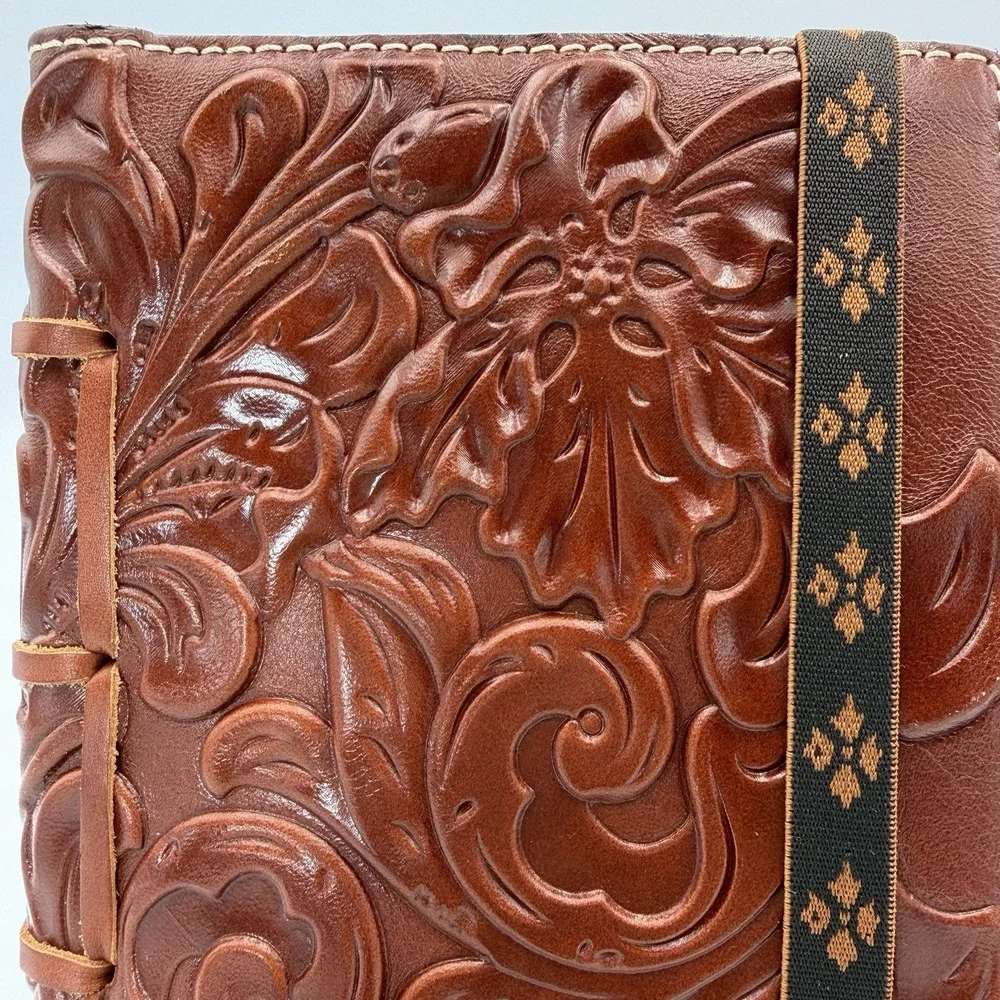 NEW 100% Leather Hand Tooled Brown Floral Rustic Travel Diary