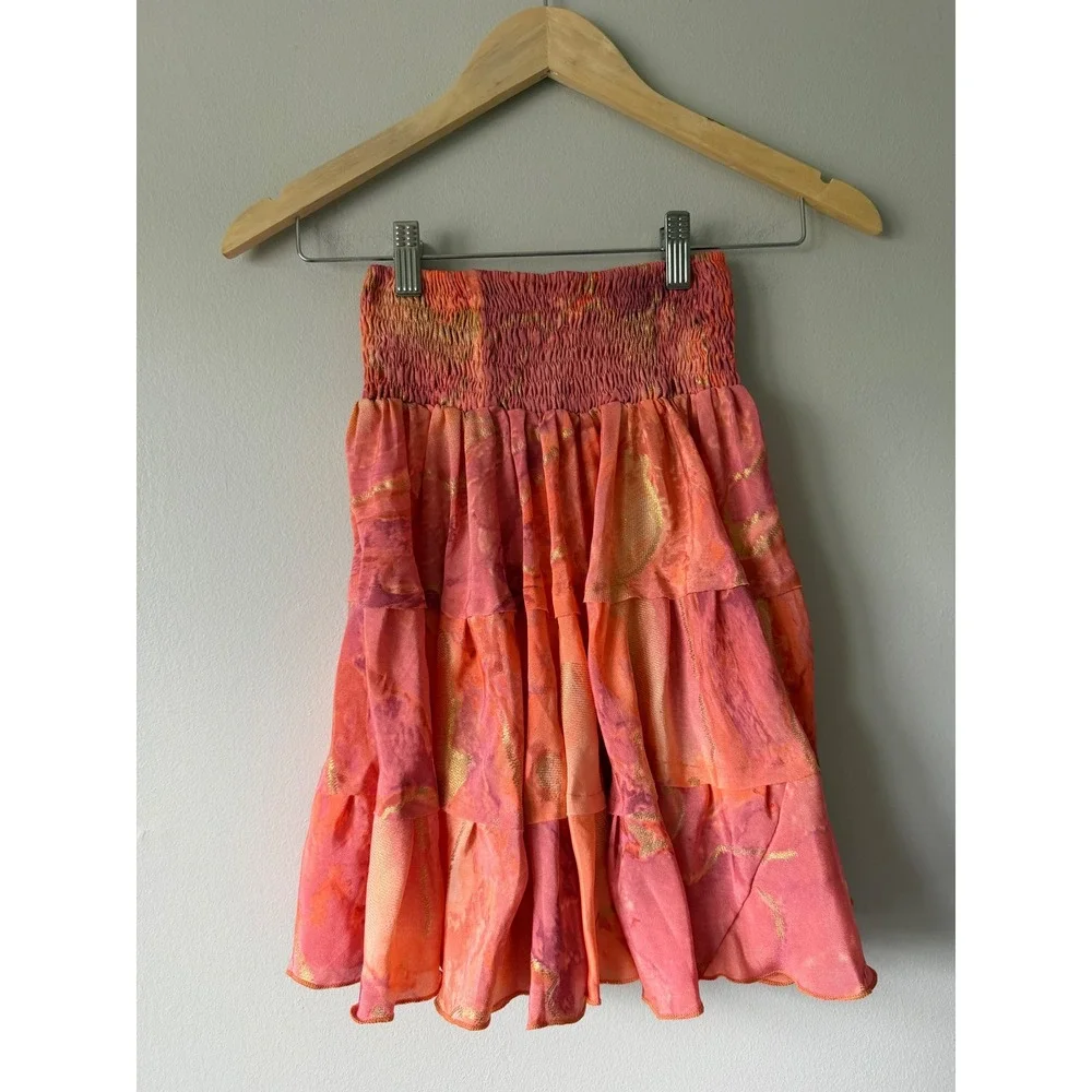 Pahiesa Formentera Silk Mini Skirt XS Tiered Smocked Ruffle Boho