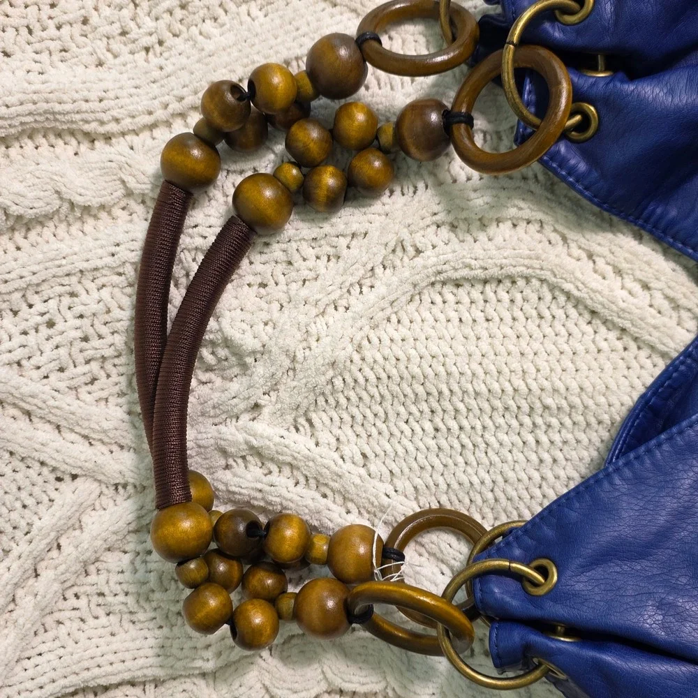 Bueno Hobo Satchel Bag Royal Blue Wood Bead Circle Handle Purse Soft Colorful
