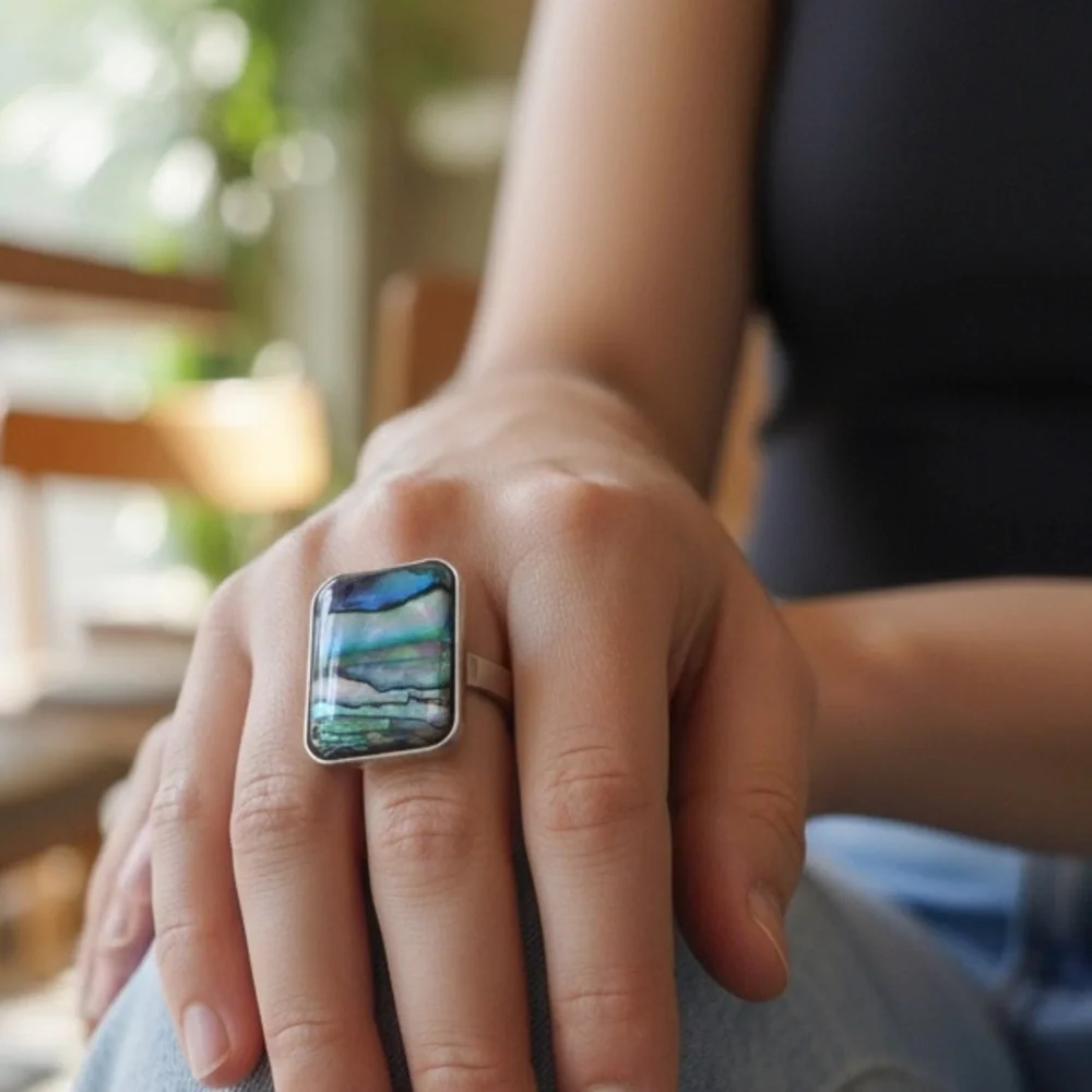 NEW Oversized Abalone Statement Ring Silver Boho Iridescent Shell Jewelry GIFT