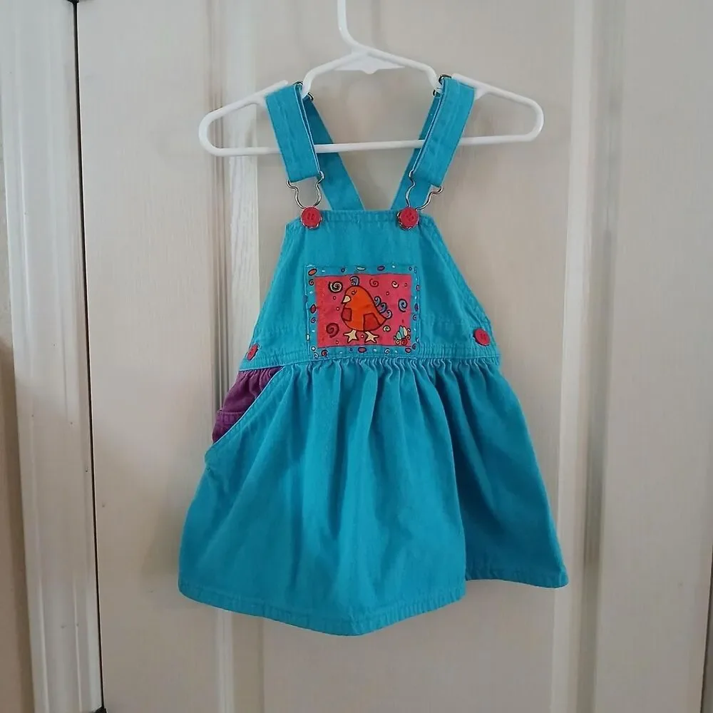 VTG 90s OshKosh B'gosh 100% Cotton Colorblock Bird Jumper Overalls Dress 3T USA