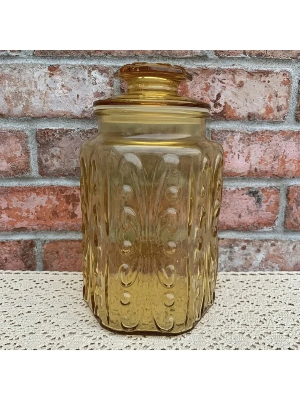 Vintage LE Smith Yellow Amber Atterbury Scroll Glass Canister Jar With Lid