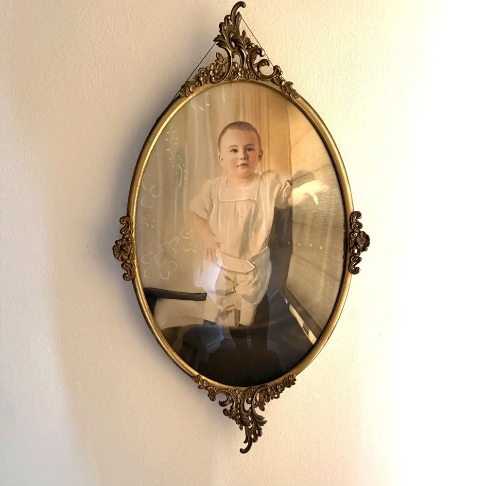Antique Oval Bubble Glass Ornate Metal Frame Hand Colored Child Portrait Vintage