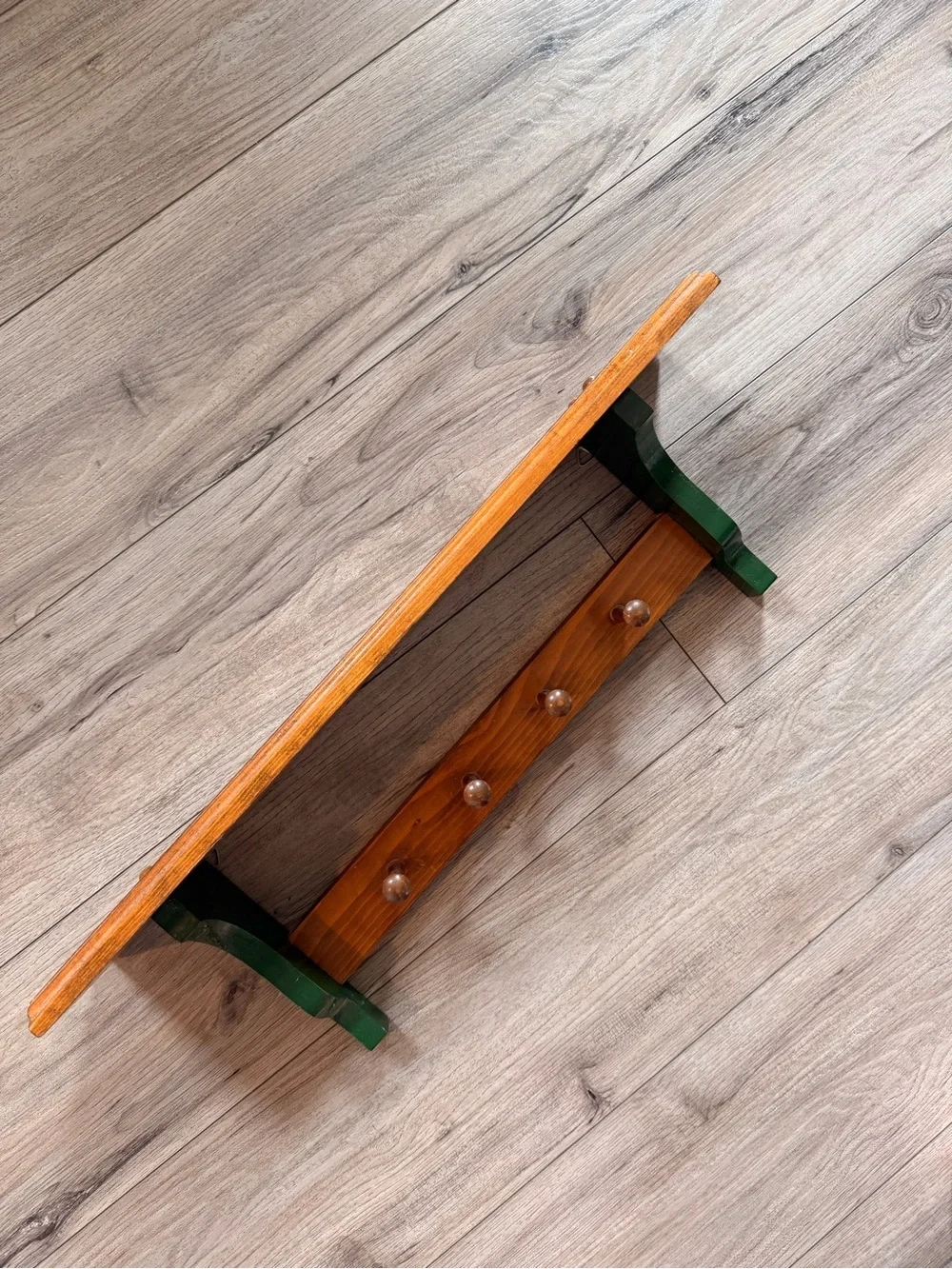 Vintage Green and Brown Wall Shelf with Hooks
