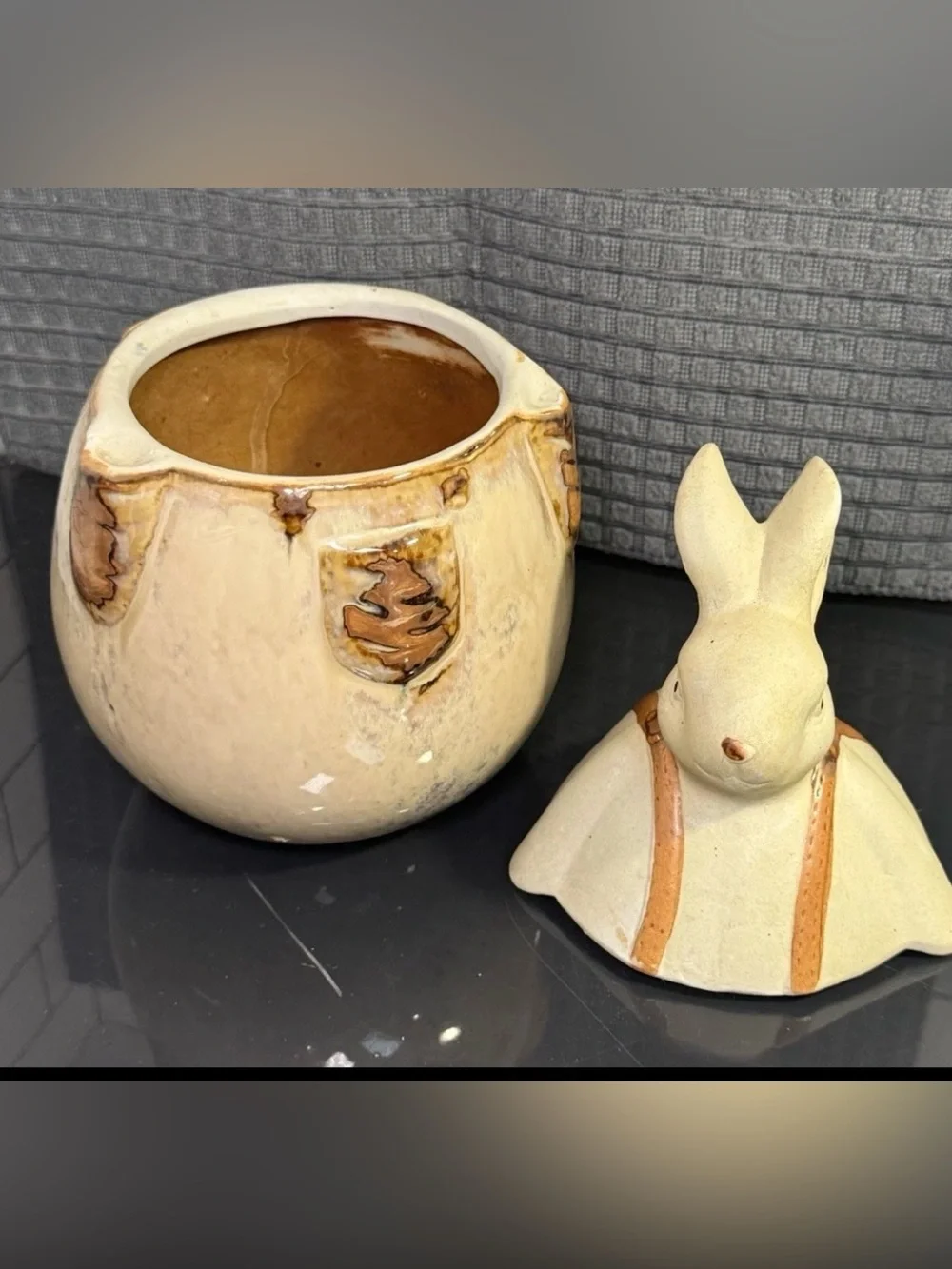Vintage Bunny Rabbit Cookie Jar Ceramic Bisque Farmhouse Rustic Beige Brown