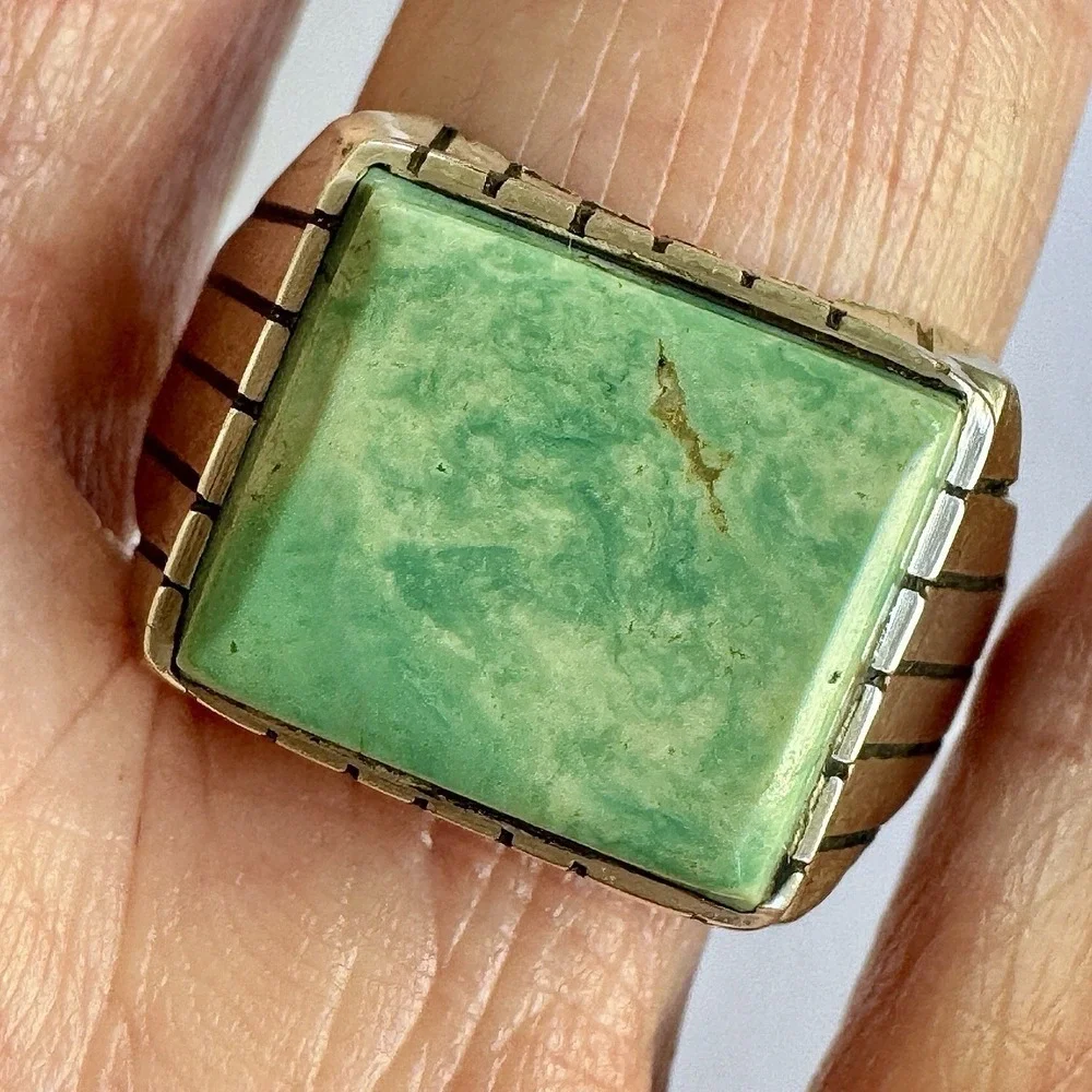Navajo #8 Mine Turquoise Mens Ring Sz 12 Rectangle Signed Jack Sterling 14mm