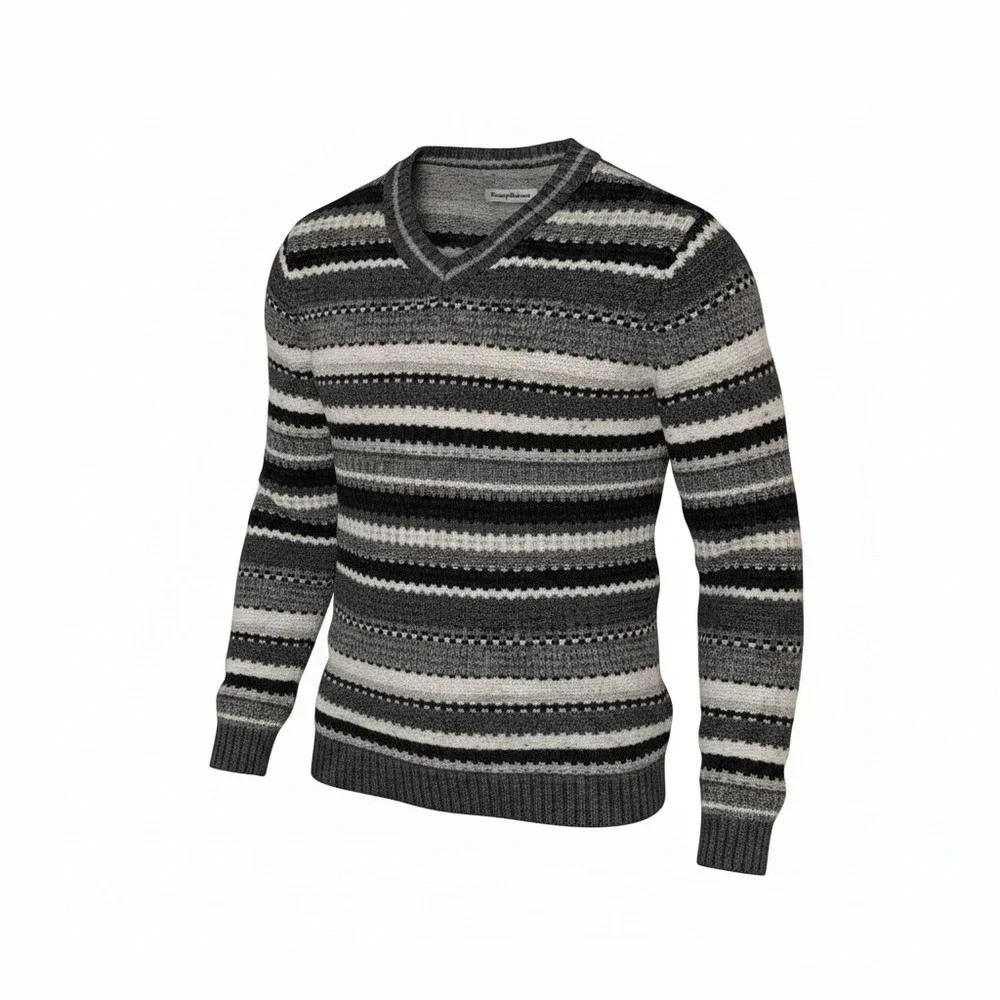 Tommy Bahama Mens Grey Striped V-Neck Lambswool Cashmere Blend Sweater Large
