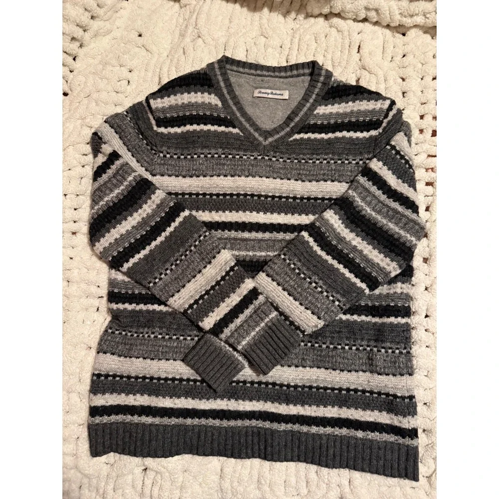 Tommy Bahama Mens Grey Striped V-Neck Lambswool Cashmere Blend Sweater Large