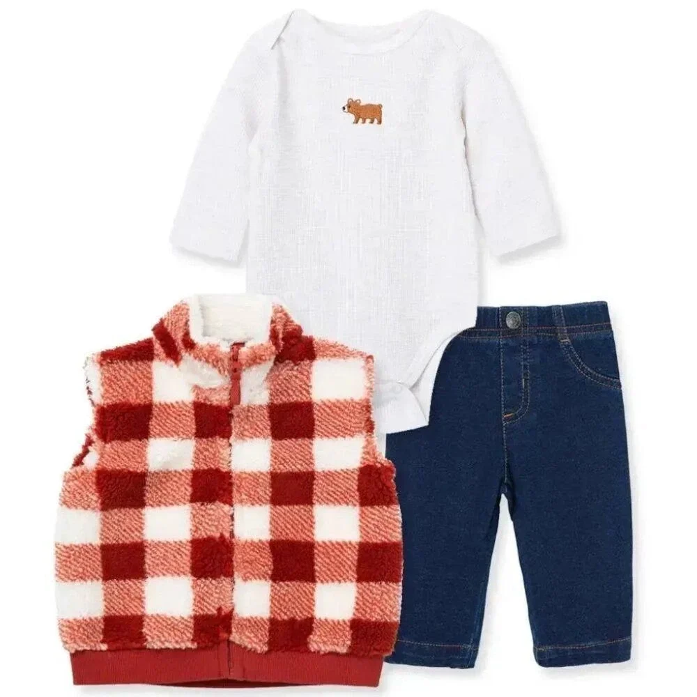 Carters 3pc Vest Set Baby Boys 9M Red Buffalo Plaid Sherpa Bear New