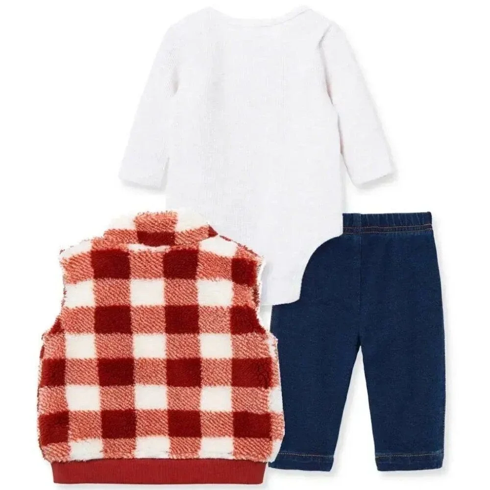 Carters 3pc Vest Set Baby Boys 9M Red Buffalo Plaid Sherpa Bear New