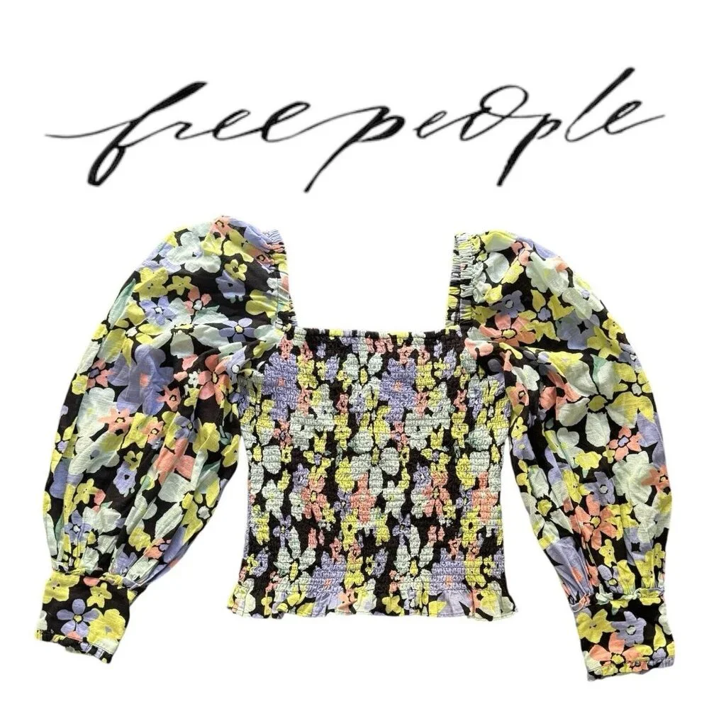 Free People Ariana Blouse Smocked Floral Retro Combo Size S Womens NEW W/out Tag