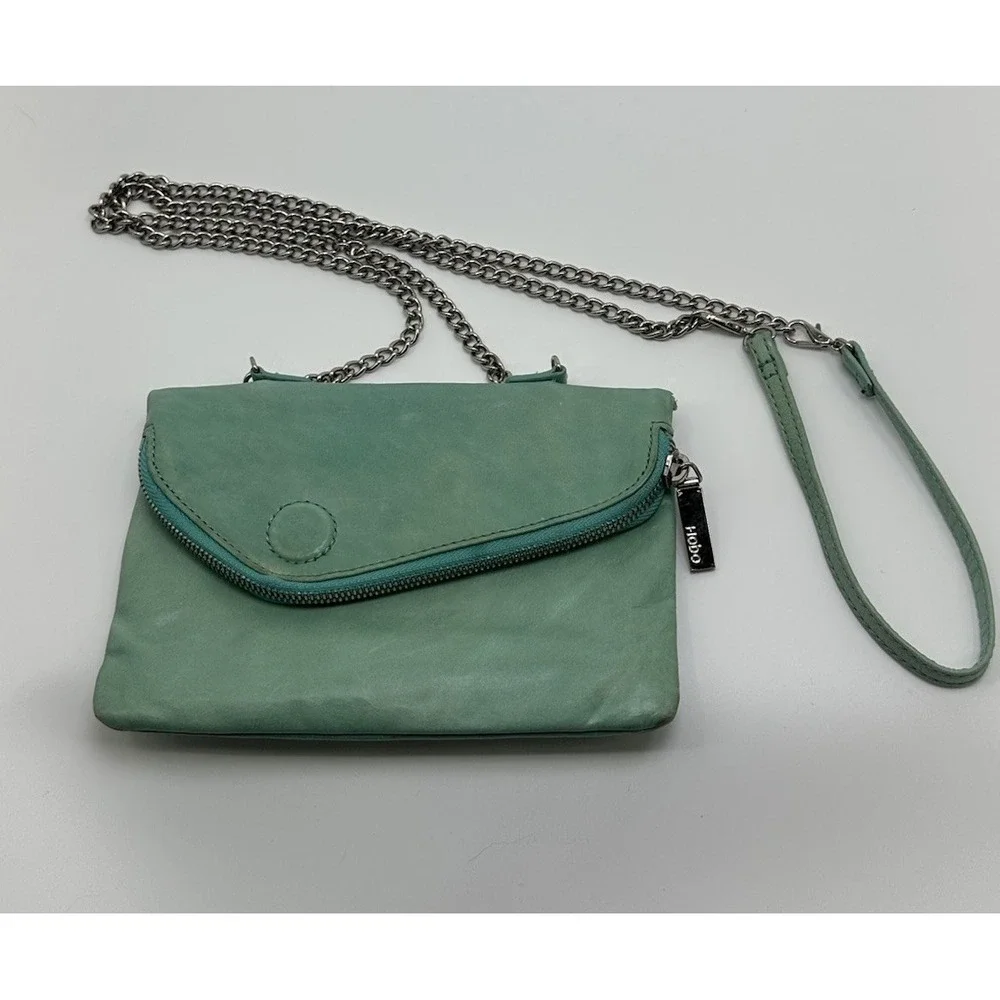 Hobo Bag The Original Daria Leather Crossbody Embossed Aqua Silver Chain‎ Strap