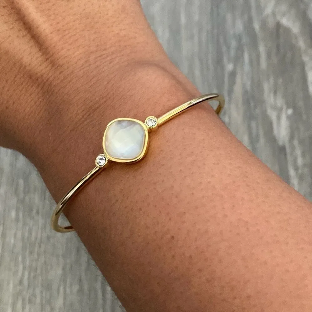 Women’s Gold Tone Bangle Bracelet Mother of Pearl & CZ Accents Open Cuff