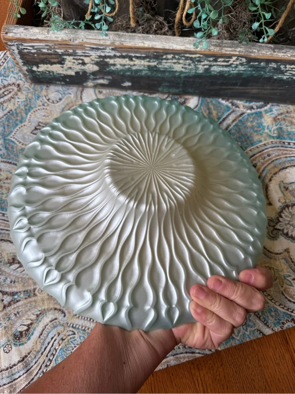 Frosted Art Glass Serving Bowl Aqua Green Ombre Centerpiece Dish 12 Inch