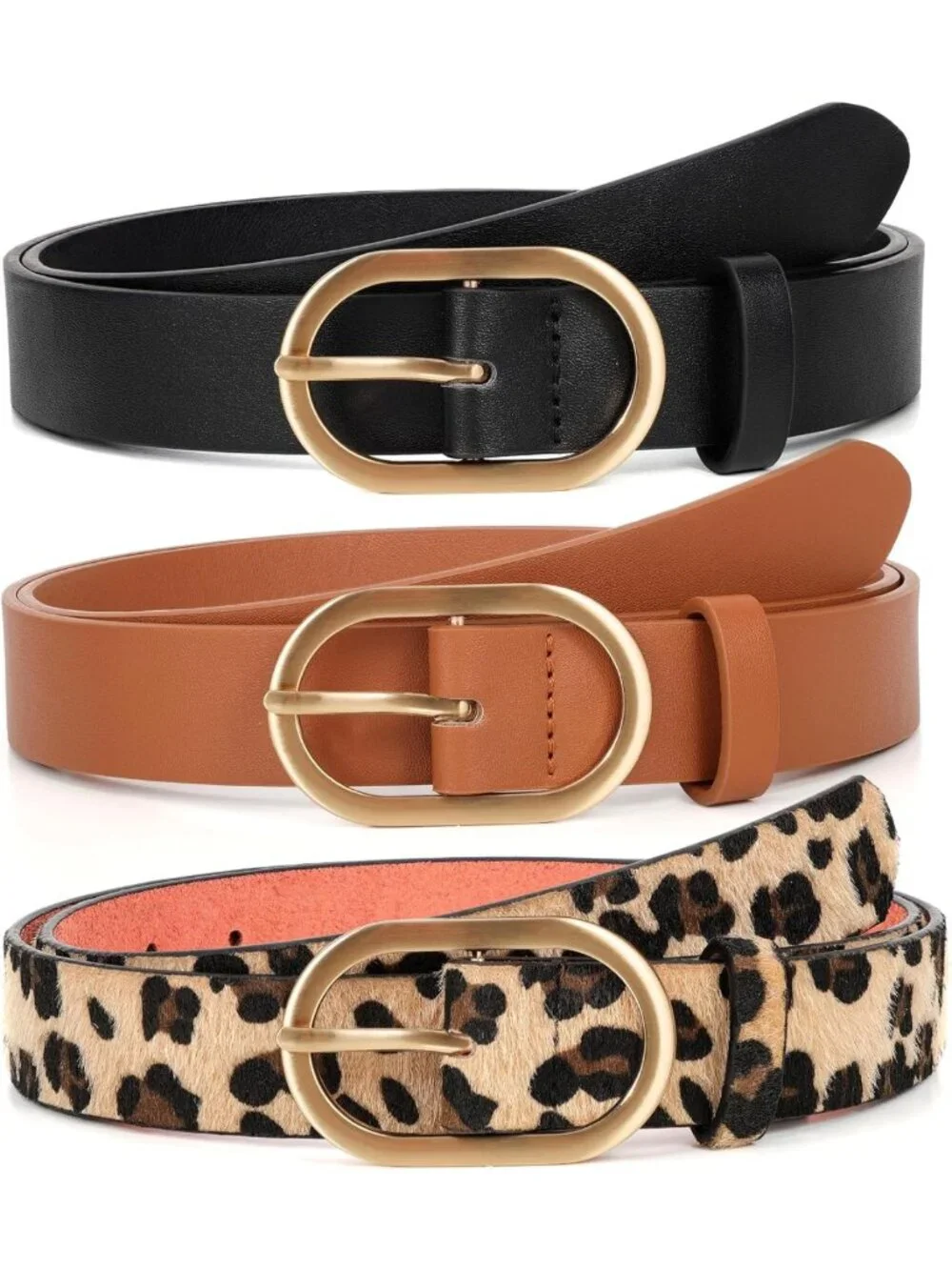 Plus Size Women's Leather Belts - 3 Pack Fashion Waist Belts with Gold Buckle