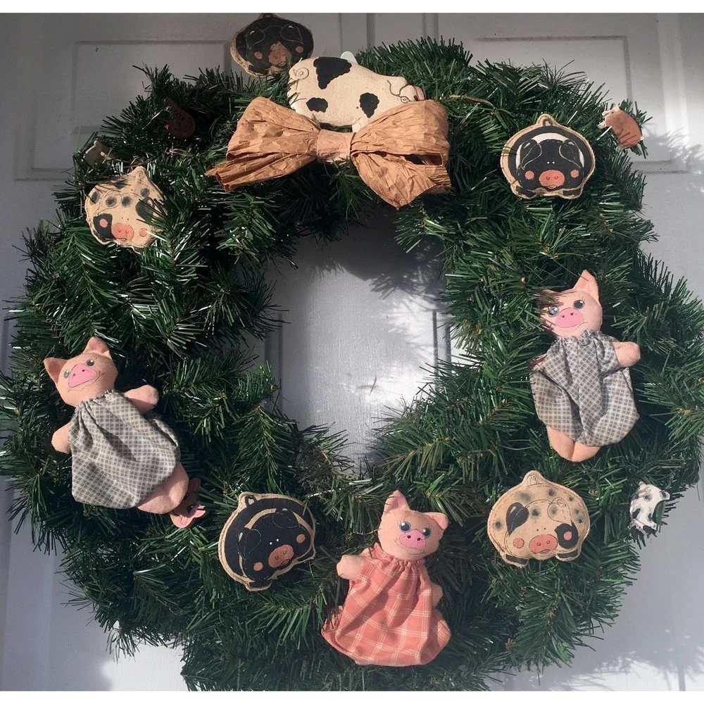 Primitive Evergreen Pig Farmhouse‎ Wreath All Season 20