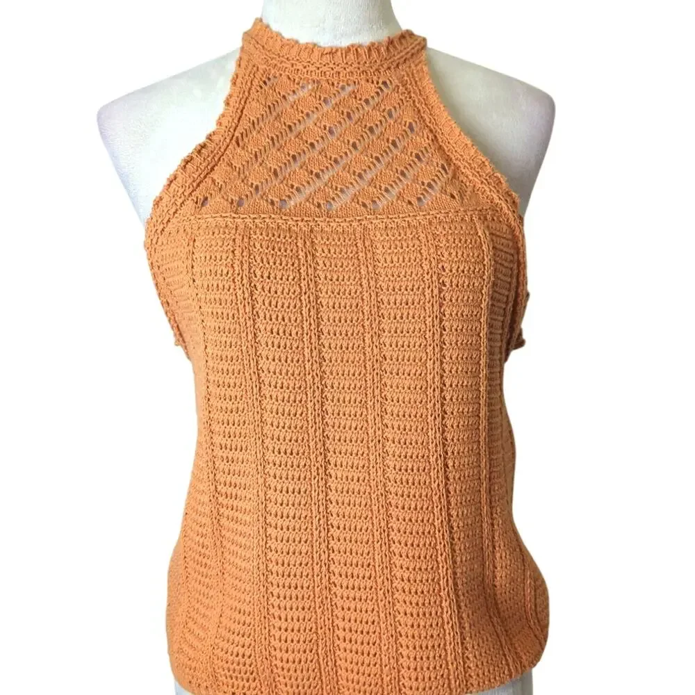 Soft Girl Crochet Halter Top in Orange /Peach Boho Coquette Knit Tank