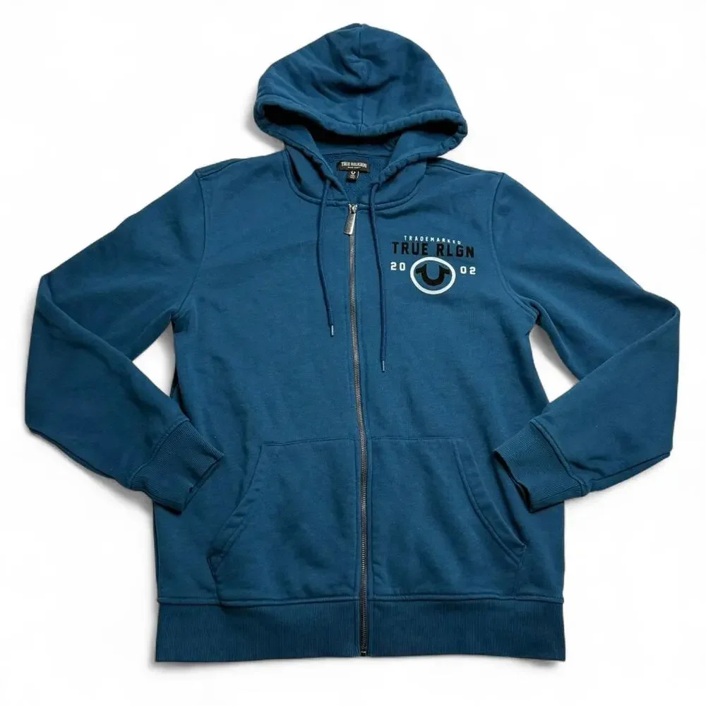 True Religion Blue Zip Hoodie Graphic Logo Sweatshirt Mens Medium
