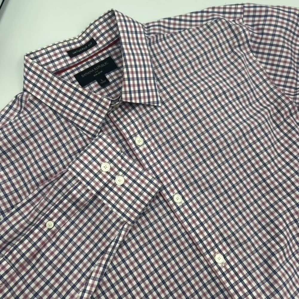 Banana Republic Men's Untucked Fit‎ Non Iron Plaid Check Dress Shirt Size Large