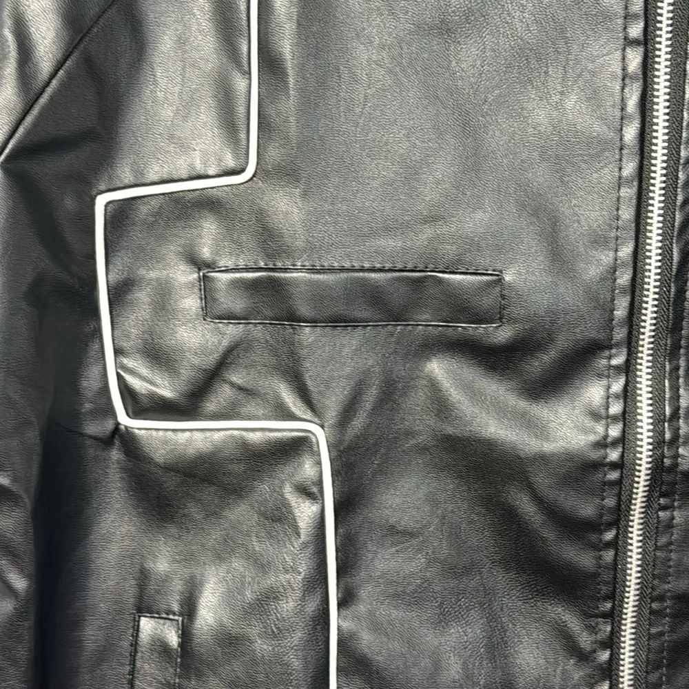 Jiechaofang Black with White Piping Faux Leather Jacket in Size‎ XL