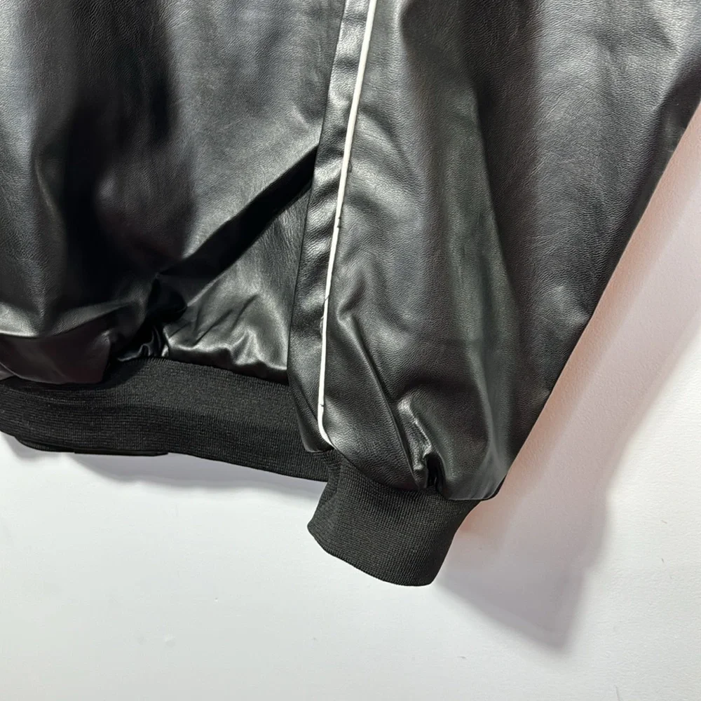 Jiechaofang Black with White Piping Faux Leather Jacket in Size‎ XL